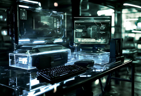Futuristic Transparent Workstation Computer Set on Dark Atmosphere, Dystopiam Grunge effectsの素材