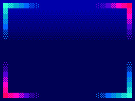 Dark bright Blue Dithered Gradient background wiyh Cyan and Pink Corner dithered Frame, Pixel art style Templateのイラスト素材