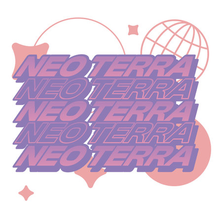 Stacked Typography of "Neo Terra" with Abstract Futuristic Shapes Beneath, Muted Pink and Purple Color Y2K Flat Styleのイラスト素材
