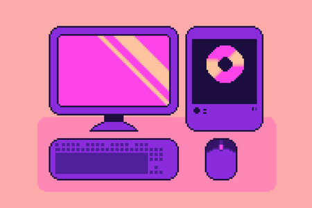 Pixel Art Illustraiton of Modern Computer Set, Muted Pink and Peach Tone
