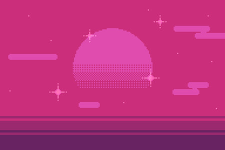 Pink Sunset Sky Horizon with Glitter Lights, Pixel Art Style Backgroundのイラスト素材