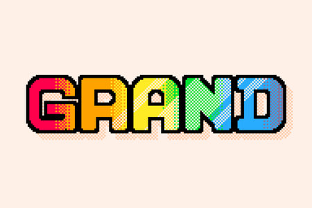 Pixel Art Style Rainbow Dithered Gradient 'Grand' Typography Art with Black Outline, Glossy Light