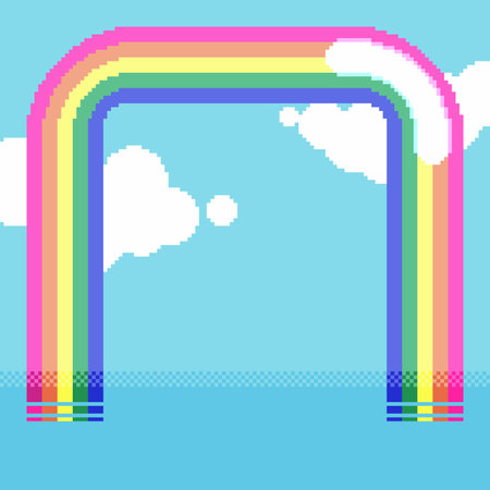 Flat Glossy Rounded Square Rainbow on Cloudy Blue Sky, Pixel Art Styled Illustrationのイラスト素材