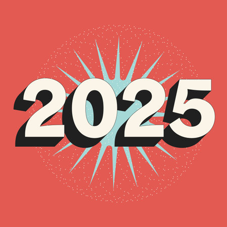 2025 Year Sign, Retro Style Template, Red Backgroundのイラスト素材