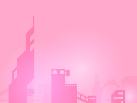 Futuristic City in Pink Haze, Minimal Pixel Art Illustrationのイラスト素材