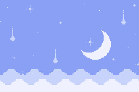 Pastel Night Sky With Crescent Moon, Pixel Art Backgroundのイラスト素材