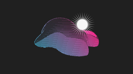 Neon Blue and Pink Gradient Pixel Rendered of Mountain with Sun Shine, Abstract Illustrationのイラスト素材