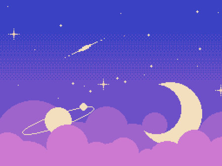 Pink and Purple Dreamy Space Sky Background, Pixel Art Styleのイラスト素材