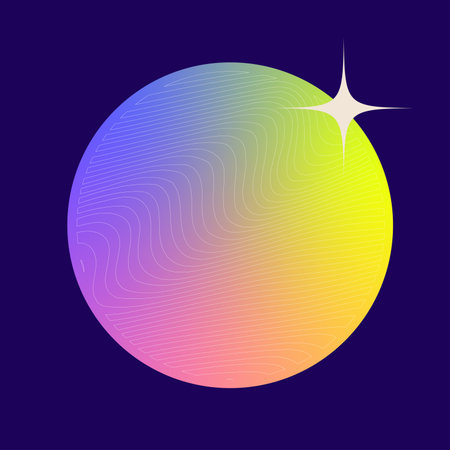 Abstract Flat Style Prism Rainbow Orb with Wavy Lines and Glitter Particle on Dark Blue Backgroundのイラスト素材