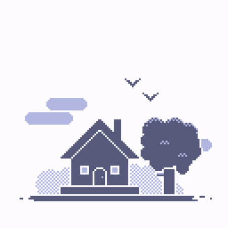 Little House and Tree on Clear Sky in Grey Colored, Flat Pixel Style Illustrationのイラスト素材