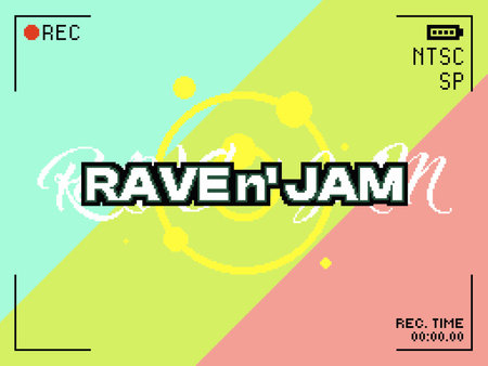 White Glowing 'Rave n' Jam' Typography with Abstract Circle on Three RGB Color Backdrop, Pixel Art...