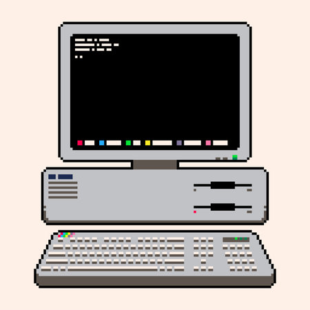 Retro Style 1980s Personal Computer Sett with Monitor and Keyboard, Screen On to Command-based...