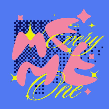 Abstract Pink Liquid Custom Typography of 'Meme' and 'Everyone' in Green Calligraphy on Blue Backdrop, Y2K Flat Styleのイラスト素材