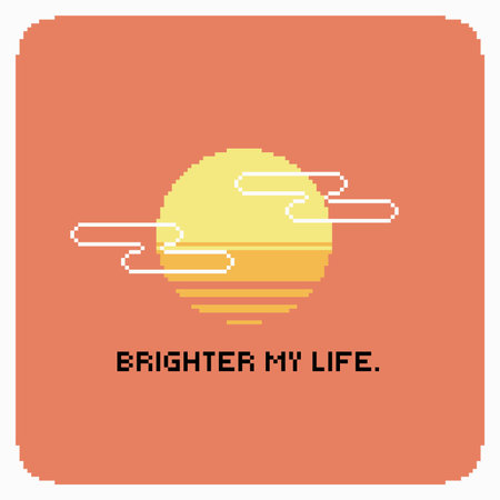 Pixel Art Style of Sunset with Cloud featuring Black Typography of 'Brighter My Life', Red Backdrop with Rounded white Frameのイラスト素材