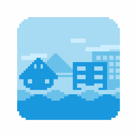 Heavy Floods at the city, Blue Flat Pixel Art Icon, Isolatedのイラスト素材