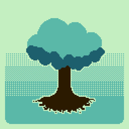 Isolated Tree with Full of Leaves Standing on Dithered Gradient Backdrop, Green Tone, Pixel Art Display Clipartのイラスト素材