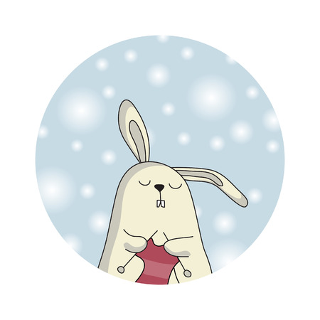 Cute little rabbit knitting scarf. Winter background with snowflakes. Christmas card or icon.のイラスト素材