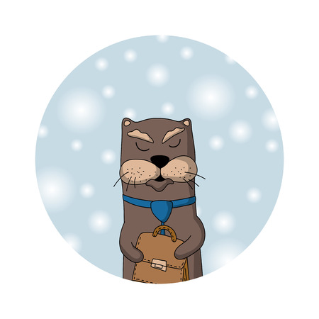 Otter manager with tie and case. Winter background with snowflakes. Christmas card or icon.のイラスト素材