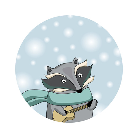 Cute little raccoon with guitare and scarf. Winter background with snowflakes. Christmas card or icon.のイラスト素材