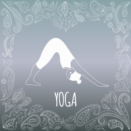 Yoga icon with heart frame and girl practicing Downward-Facing Dog (Adho Mukha Svanasana). Figure in white dress and beautiful blue gradient background. Paisley ornament.のイラスト素材