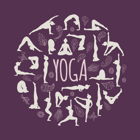 Set of yoga poses. Round form and paisley ornament. Purple background.のイラスト素材