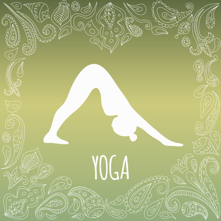 Yoga logo with heart frame and girl practicing Downward-Facing Dog (Adho Mukha Svanasana). White silhouette and beautiful green gradient background. Paisley ornament.のイラスト素材