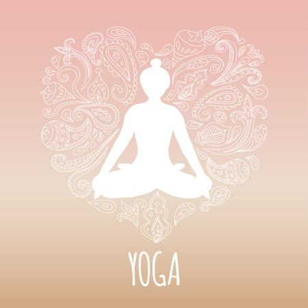 Yoga icon with heart and girl practicing lotus pose. White silhouette and beautiful pink gradient background.のイラスト素材