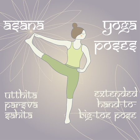 Utthita Parsva Sahita. Extended Hand-To-Big-Toe Pose. Asana. Yoga Poses.のイラスト素材