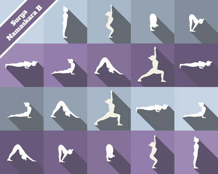 Yoga. Surya namaskara B. Sun salutation complex. White silhouettes and blue and purple  background.のイラスト素材