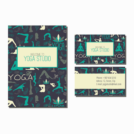 Business card and flyer for yoga studio. Pattern with yoga poses.のイラスト素材