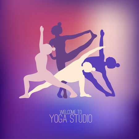 Four silhouettes of girls practicing yoga poses. Logo for yoga studio. Purple gradient background.のイラスト素材