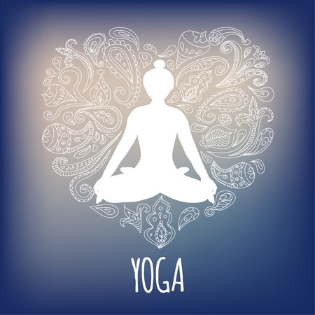 Yoga logo with girl practicing Padmasana (Lotus pose) and paisley ornament forming a heart.のイラスト素材