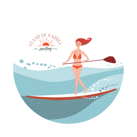 Stand Up Paddle Surfing. Young girl rides on the board making little steps.のイラスト素材