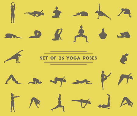 Set of twenty six yoga poses. Collection of asanas. Dark silhouettes.のイラスト素材