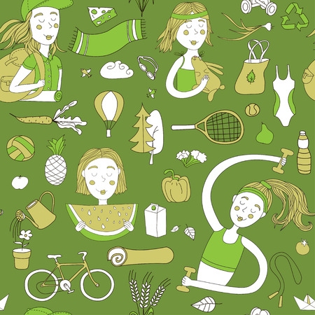 Healthy lifestyle. Seamless pattern with girls and objects. Green color.のイラスト素材