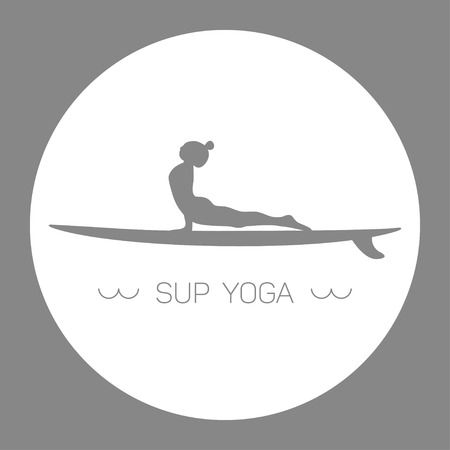 Logo for Stand up Paddle Yoga. Upward-facing dog. Grey and white circle.のイラスト素材