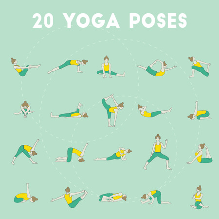 Set of twenty yoga poses. Collection of asanas. Mint background.のイラスト素材