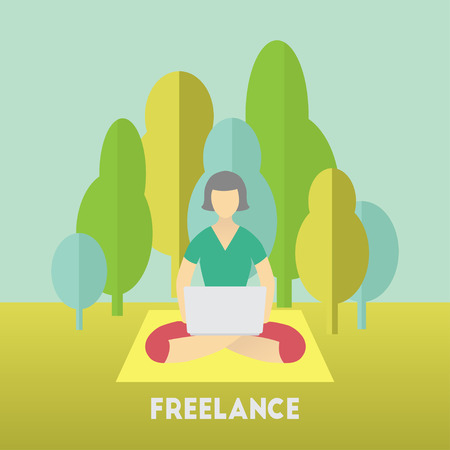 A girl practicing lotus pose works in the park. Freelance concept.のイラスト素材