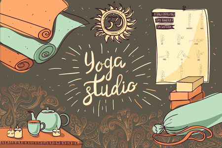 Sketch with Yoga Props and Other Elements for Yoga Studioのイラスト素材