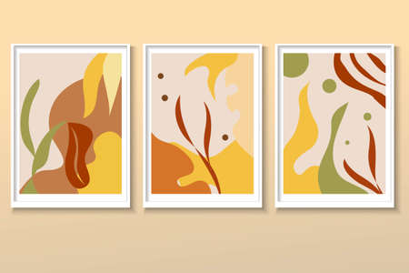 Set of Minimalist postcard nature leaves, abstract shapes. Vector illustration in flat cartoon...