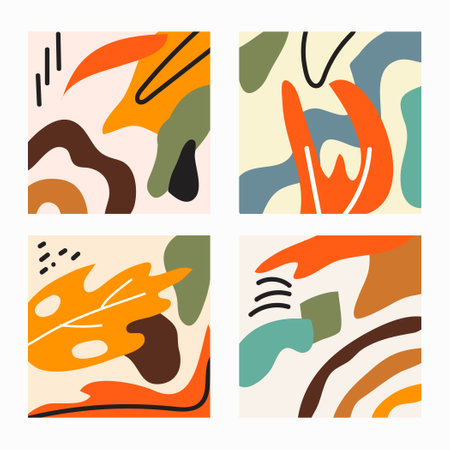 Set of four abstract contemporary object modern trendy vector patterns. Perfect for textile prints and background. Every pattern is isolatedのイラスト素材