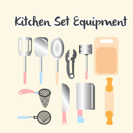 Kitchen set equipment Kitchen Utensils Cooking Tools Flat Style Cook flat style vector with pastel coloring.のイラスト素材