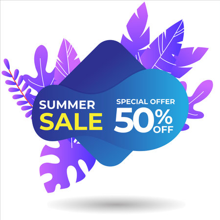 Vector poster with tropical leaves and text Summer Sale on Shape Gradient Color Style.Sale banner template design, Flash sale special offer set and discount .のイラスト素材