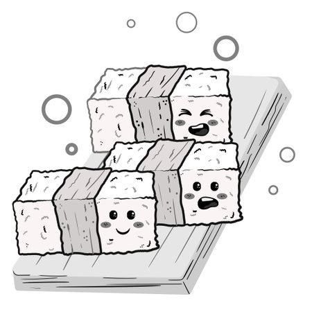 Cute sushi and rolls in kawaii Japanese traditional cuisine dishes black and white outline for coloring pagesのイラスト素材