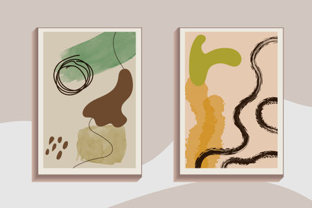 Hand drawn abstract minimal element mid century vector set. Aesthetic contemporary stripe line art, watercolor geometric shapes in earth tone. Art form design for wall art, decoration, wallpaper.のイラスト素材