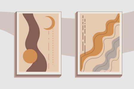 Hand drawn abstract minimal element mid century vector set. Aesthetic contemporary stripe line art, watercolor geometric shapes in earth tone. Art form design for wall art, decoration, wallpaper.のイラスト素材