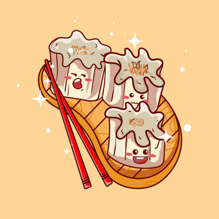 Stack of cute sushi and rolls in kawaii style with smiling faces. Japanese traditional cuisine dishes. Can be used for t-shirt print, sticker, greeting card, menu design.のイラスト素材
