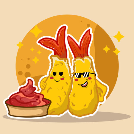 Stack of cute sushi tempura shrimp in kawaii style with smiling faces. Japanese traditional cuisine dishes. Can be used for t-shirt print, sticker, greeting card, menu design.のイラスト素材