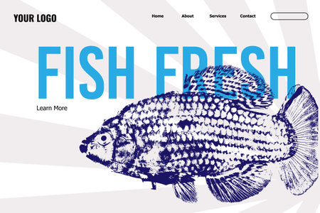 Buy Fish online in shop, fresh and frozen fish delivery and order in store on website with information of product. Dieting and nutrition, meal and nourishment. Monochrome vector in flat styleのイラスト素材