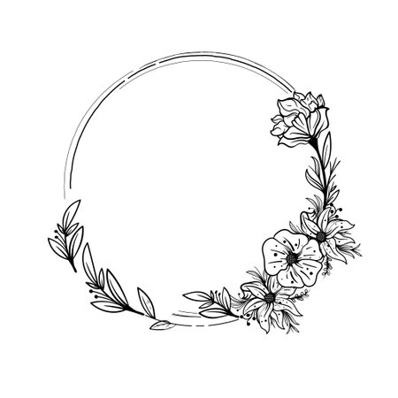 Botanical circle frame. Hand drawn round line border, leaves and flowers, wedding invitation and cards, logo design and posters templateのイラスト素材